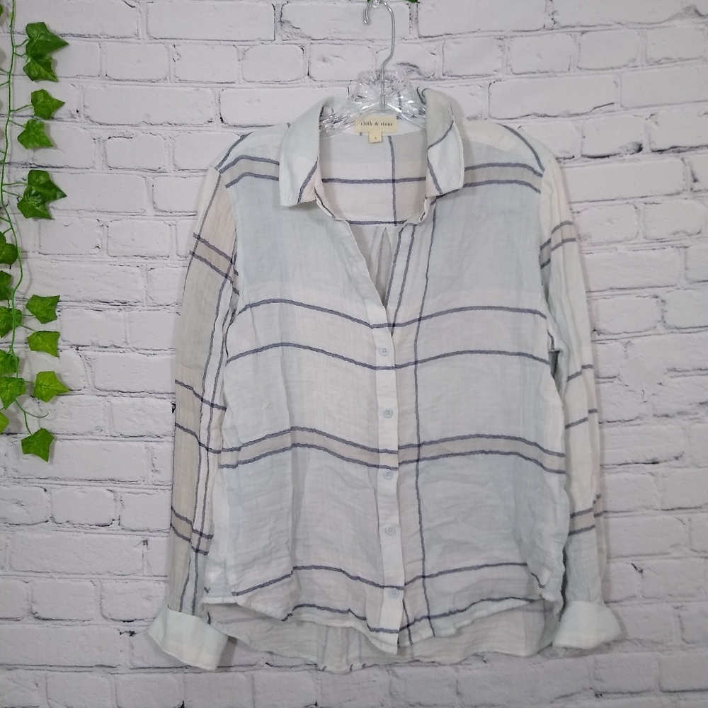 Cloth & Stone White and Blue Plaid Top